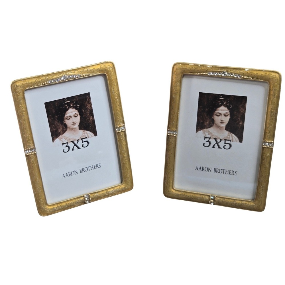 Lot of 2 Aaron Brothers Gold Enamel Rhinestone 3x5 Tabletop Picture Frame Pair